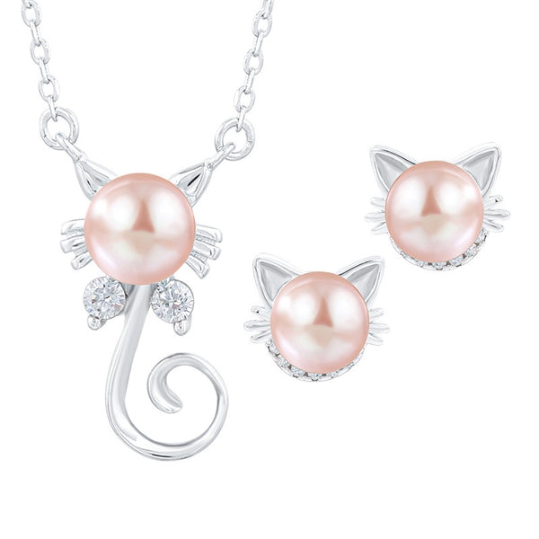 Wholesale Women Freshwater Cat Pendant 925 Sterling Silver Necklace And Earing Pearl Jewelry Sets